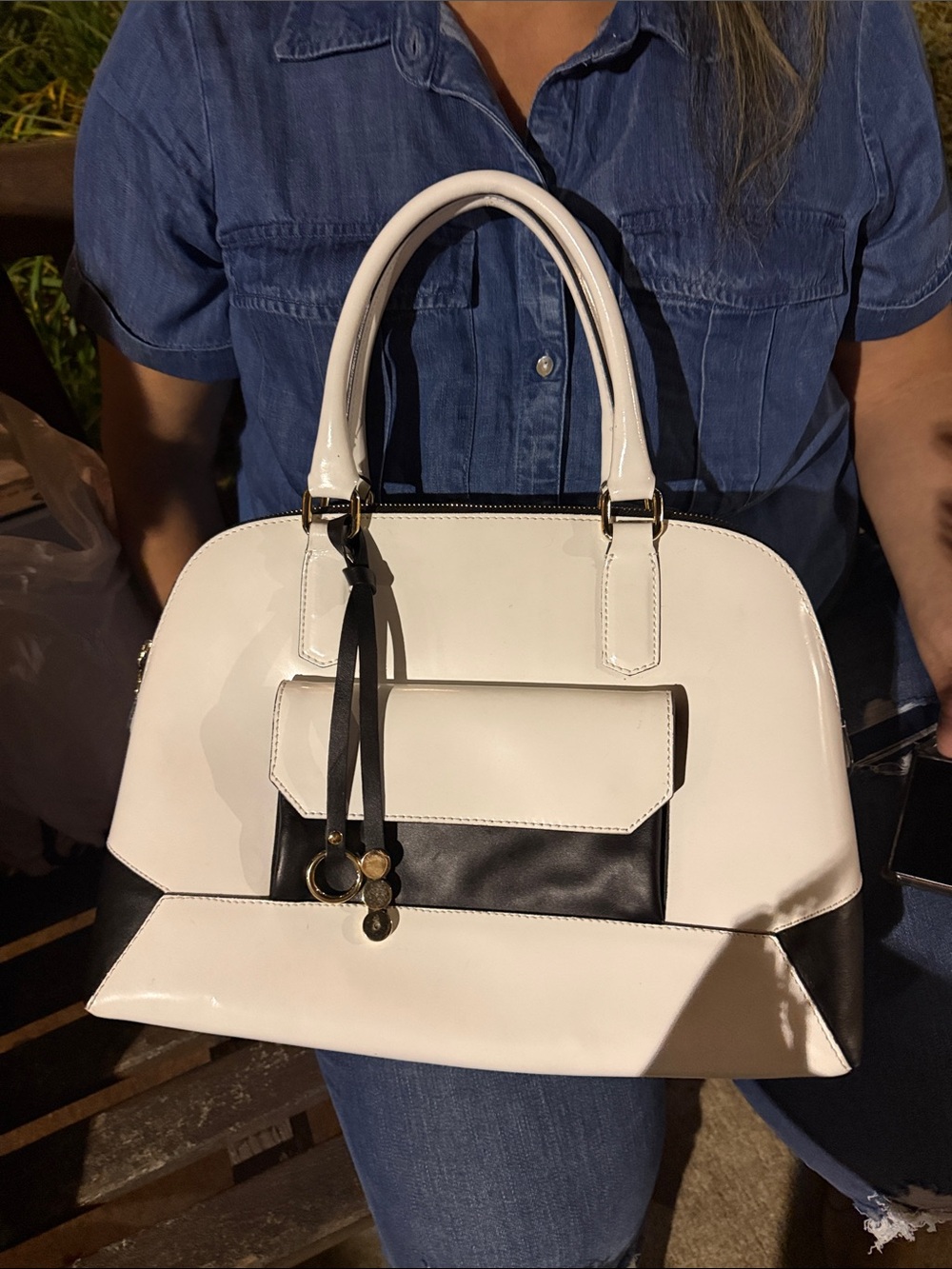Structured Two-Tone White and Black Dome Satchel
